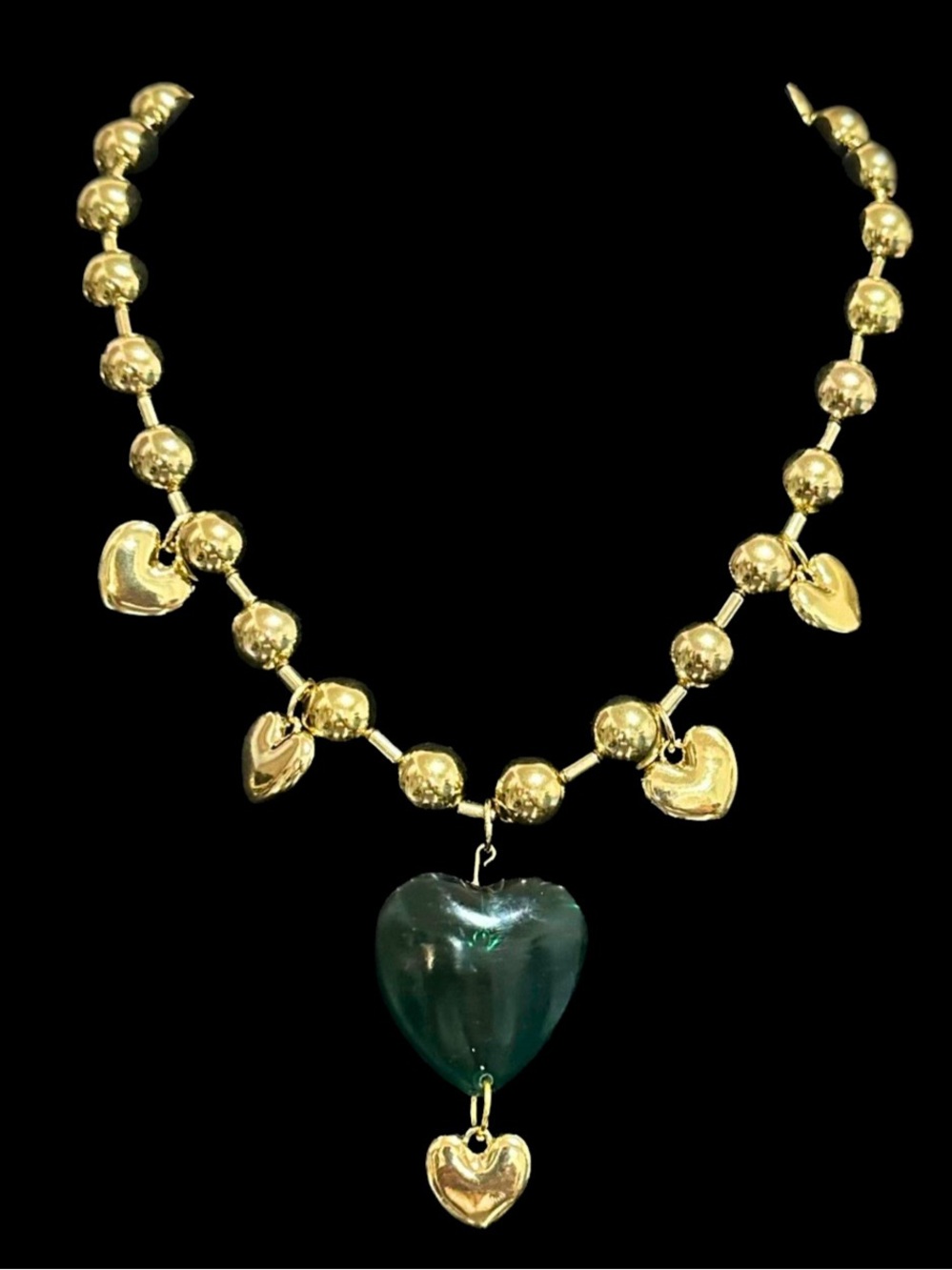 Gold Heart Bead Necklace with Green Glass Heart Pendant